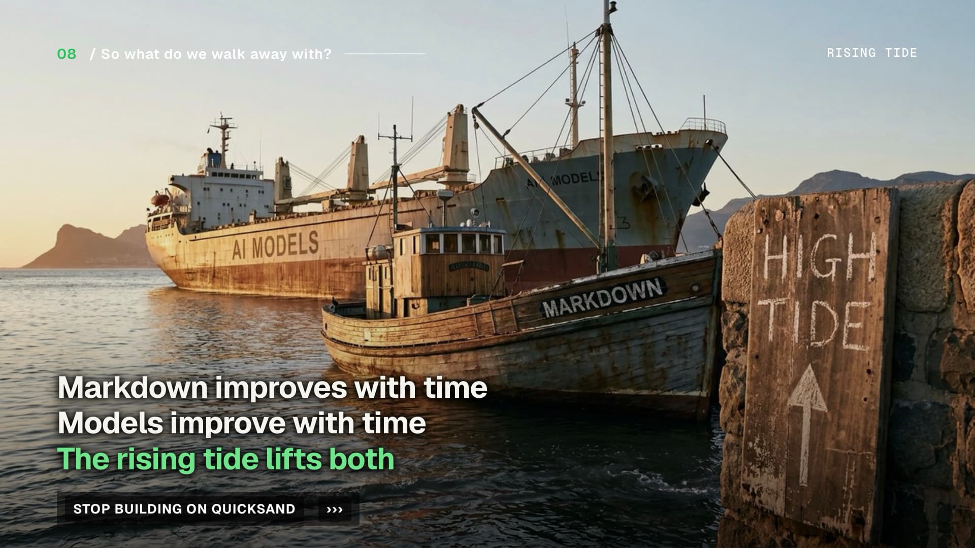 Slide from the Stride talk 'Stop building on quicksand' — the rising tide lifts both