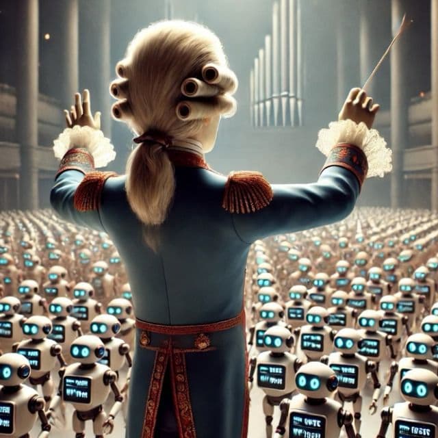 Illustration of a conductor leading an orchestra of AI robots
